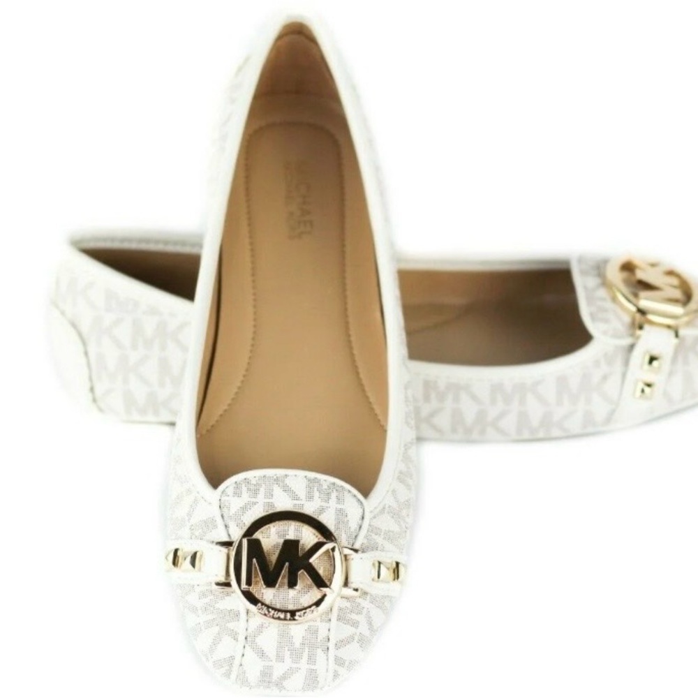 Michael Kors White MK Logo Ballet Flats with Gold Emblem Accent